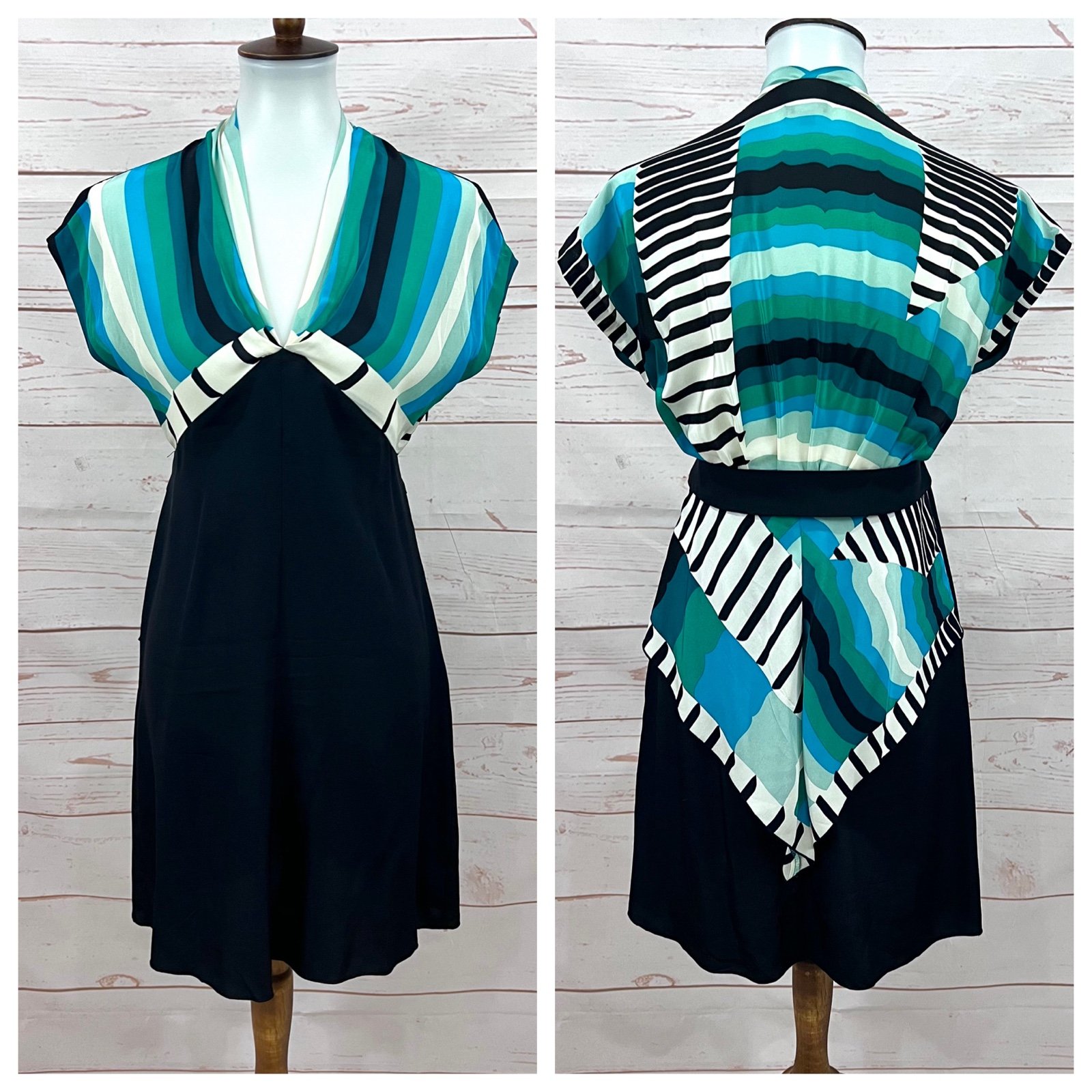 Anna Sui Silk Teal Striped Mixed Print Dolman Sleeve Geometric Peplum Dress