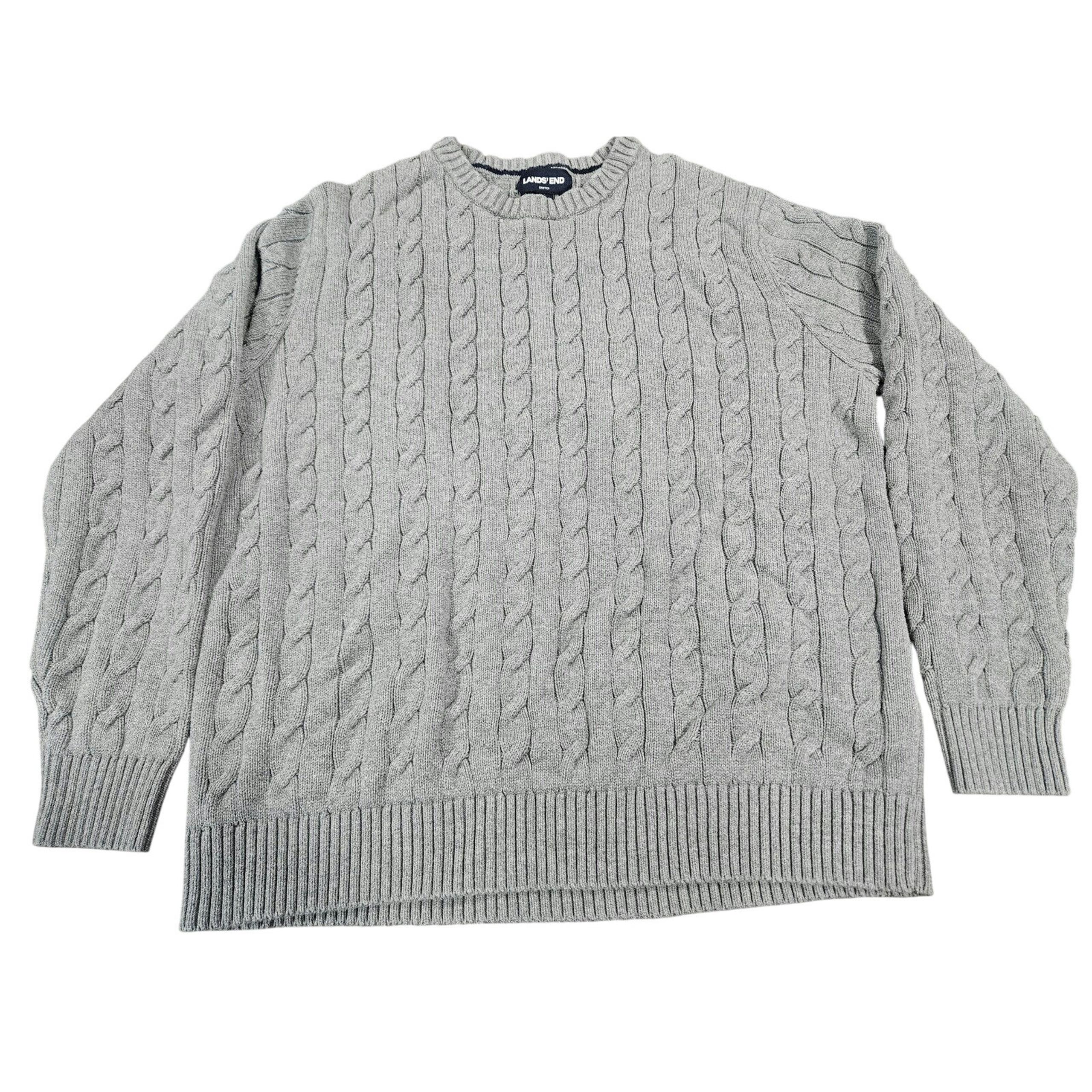 Lands' End Cable Knit Fisherman Sweater Mens  Gray Chunky Heavy Cotton Size XL
