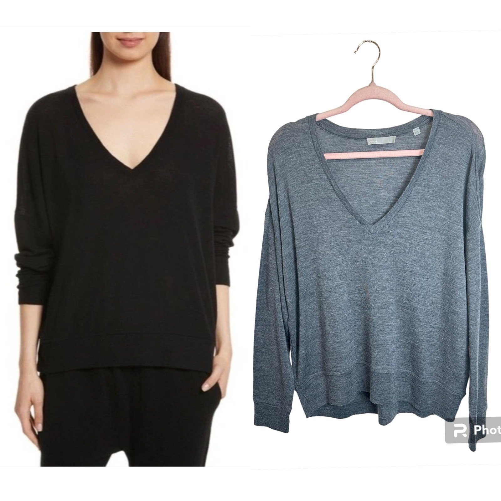 VINCE 100% Wool Sweater Women’s S Gray V-neck Long Sleeve Knit Slouchy Neutra