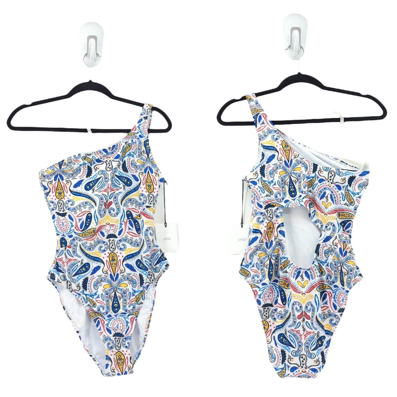 ONIA Women M Sienna Swimsuit White Paisley One Shoulder Cutout One Piece NEW