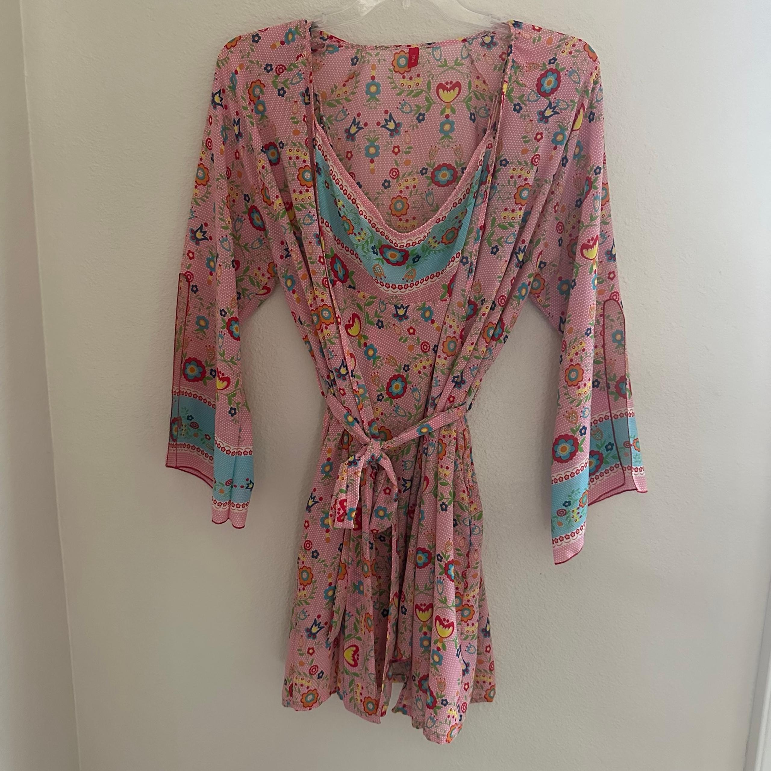 Josie Natori Short Gown & Robe Set Pink Blue Floral Kimono Style Robe Large