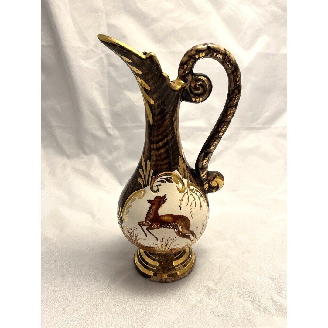 Pitcher Ewer Hand Painted Belgium Depose Stag Deer Brown Gold Detail, Vintage