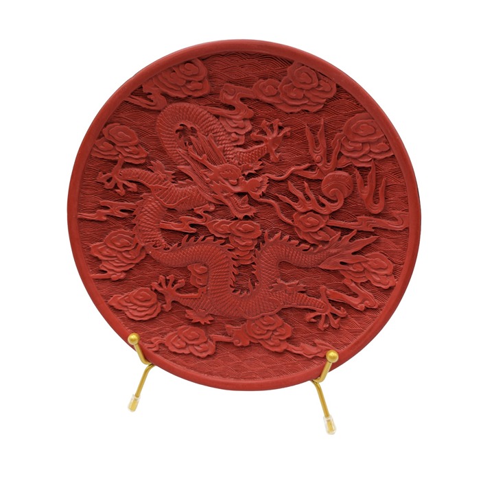 8 Old Chinese Red Lacquerware Carved Dragon Flower Plate
