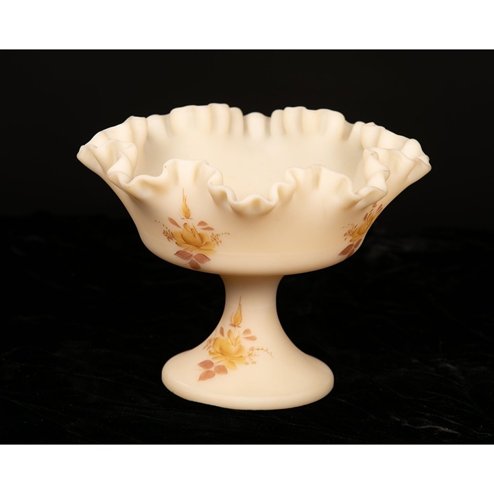 Vintage Hand Painted Fenton Satin Glass Footed Compote Cream Color