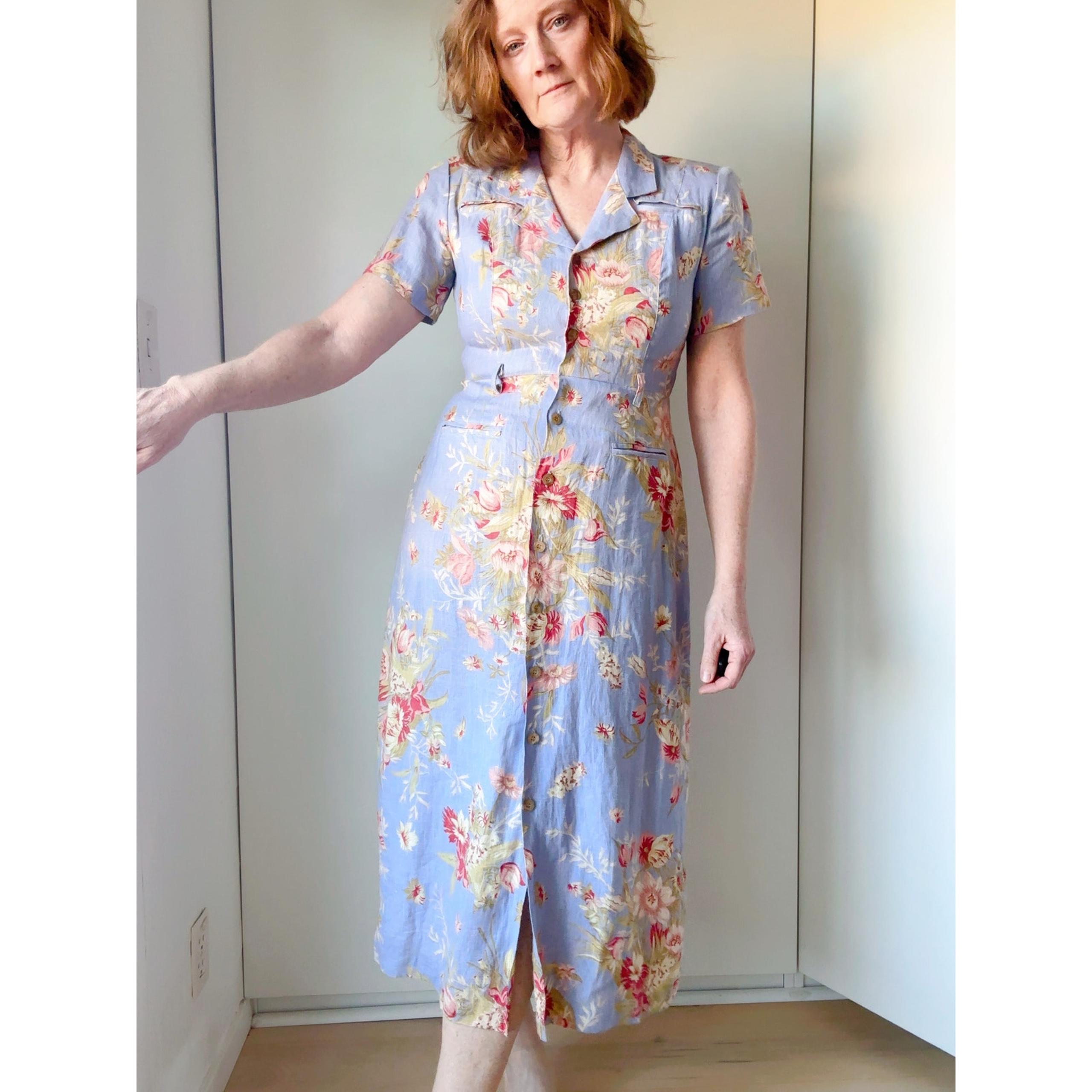 Vintage 1940s Style Lavender Floral Shirt Dress – Linen Midi, Cottagecore Dream