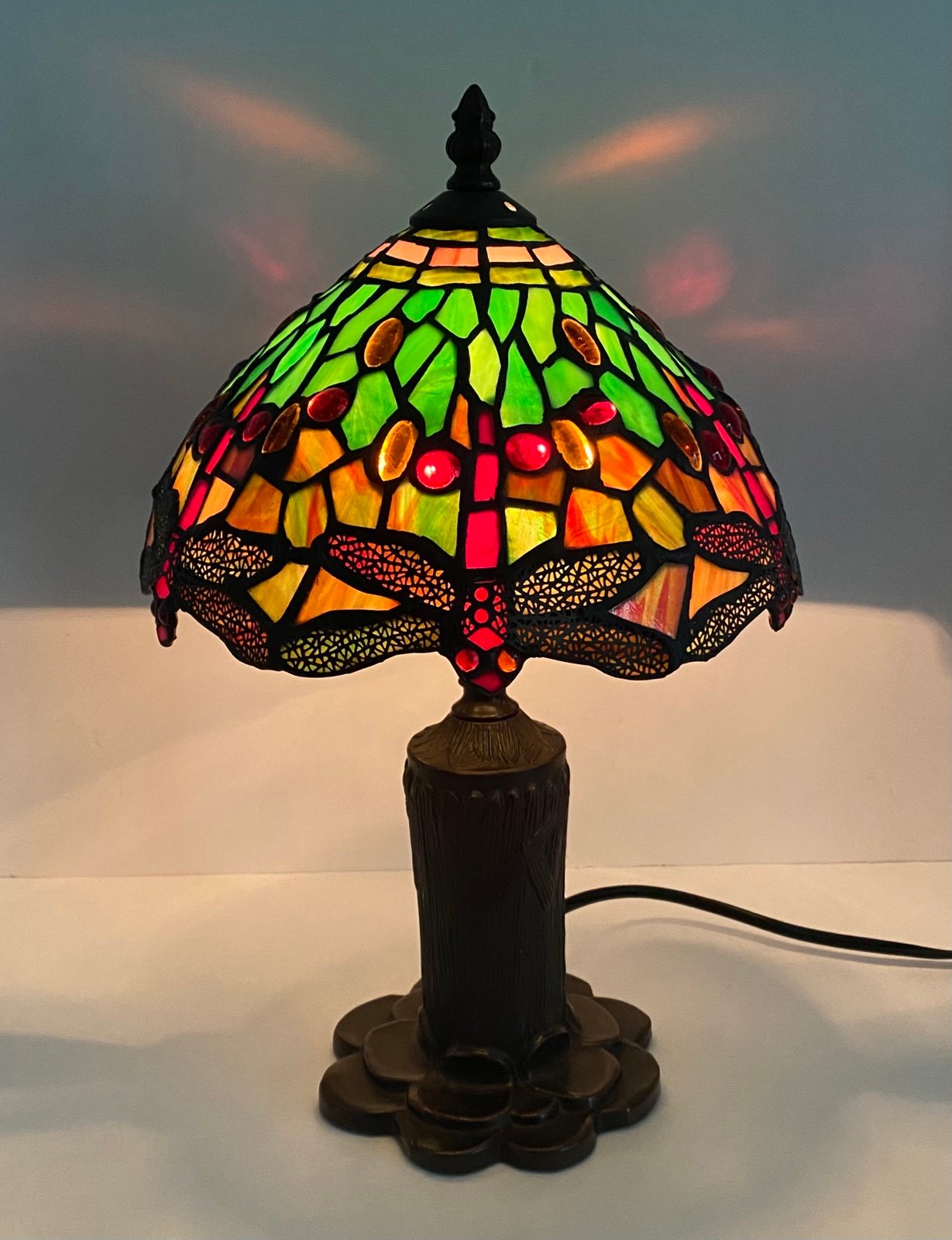 Vintage Tiffany Style 16” Tall Dragonfly Stained Glass Lamp Accent Lamp.
