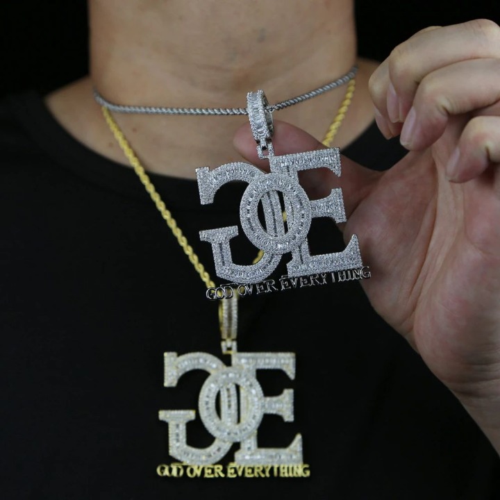 God Over Everything Men's Hip Hop Necklace, Iced Out Pendant, Free Rope Chain