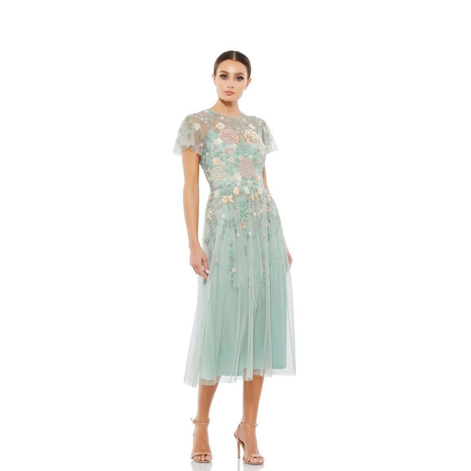 Mac Duggal Embellished Illusion Butterfly Sleeve Midi Dress #9134 Green Size 2