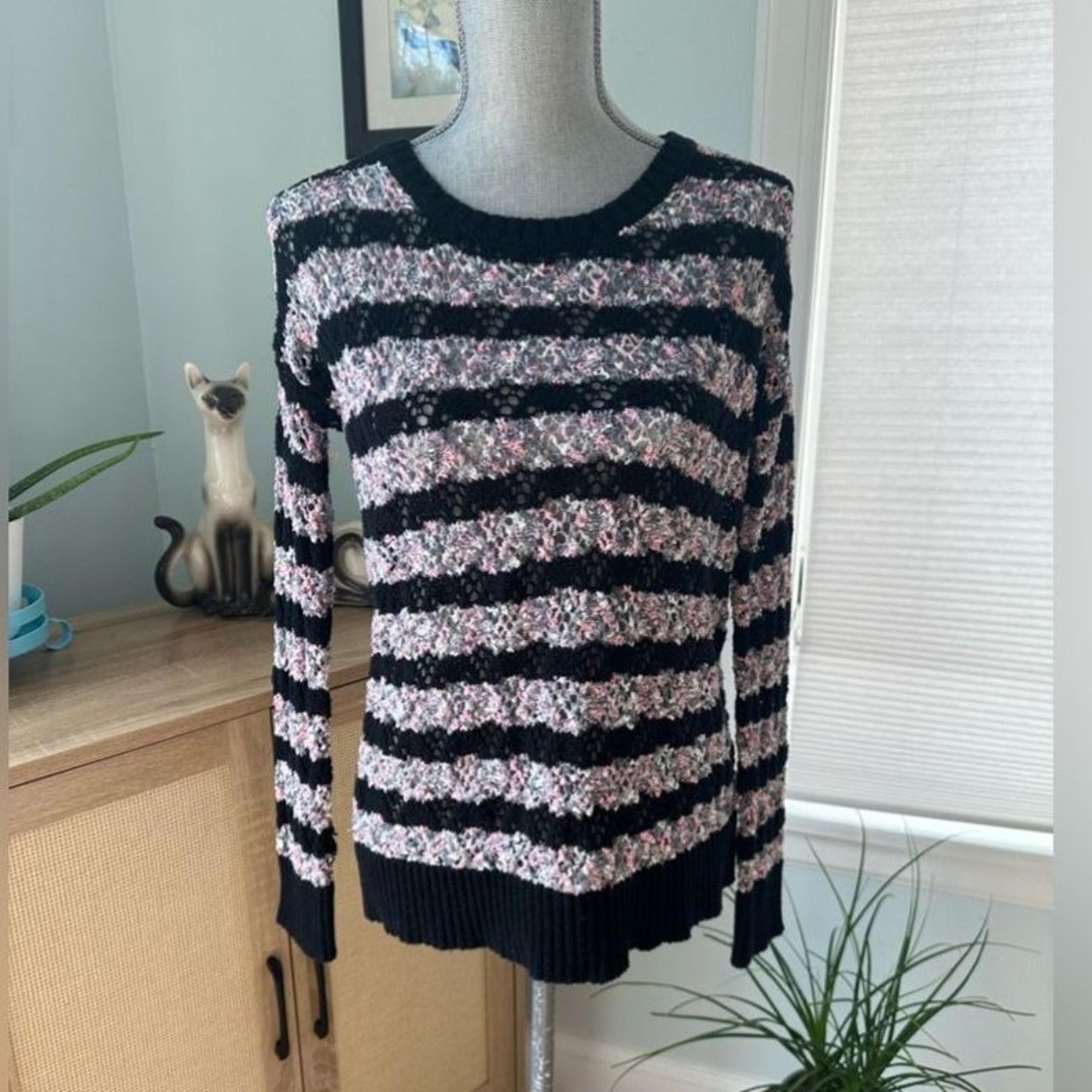 Kensie Fuzzy Striped Sweater Pink Black Gray Pullover Knit Top Size Medium