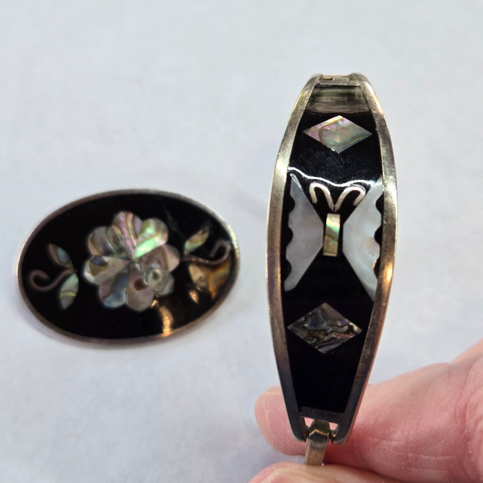 Vintage Alpaca Sterling Silver Abalone Inlay Butterfly Bracelet Flower Brooch*