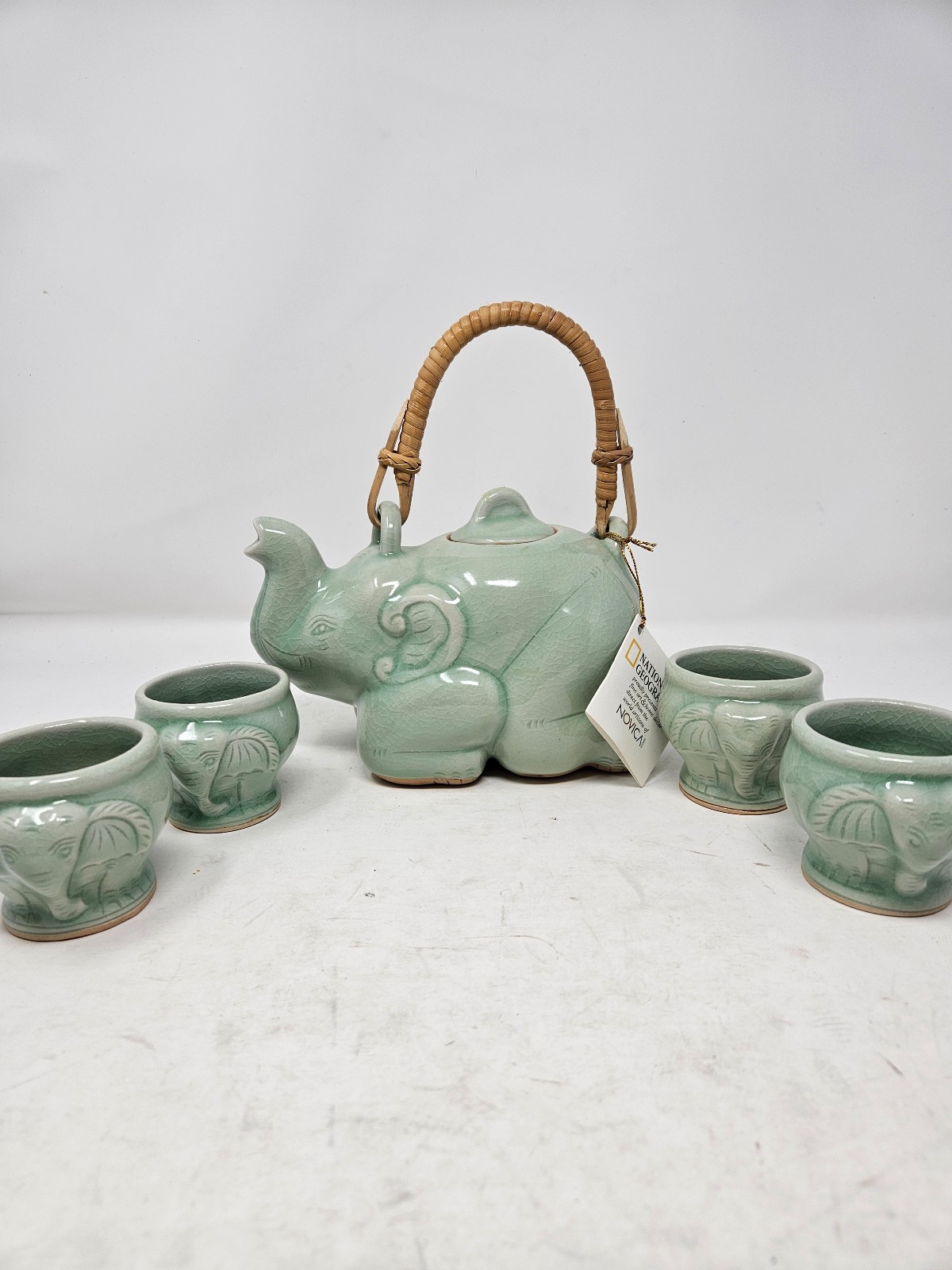 Celadon ceramic elephant tea set