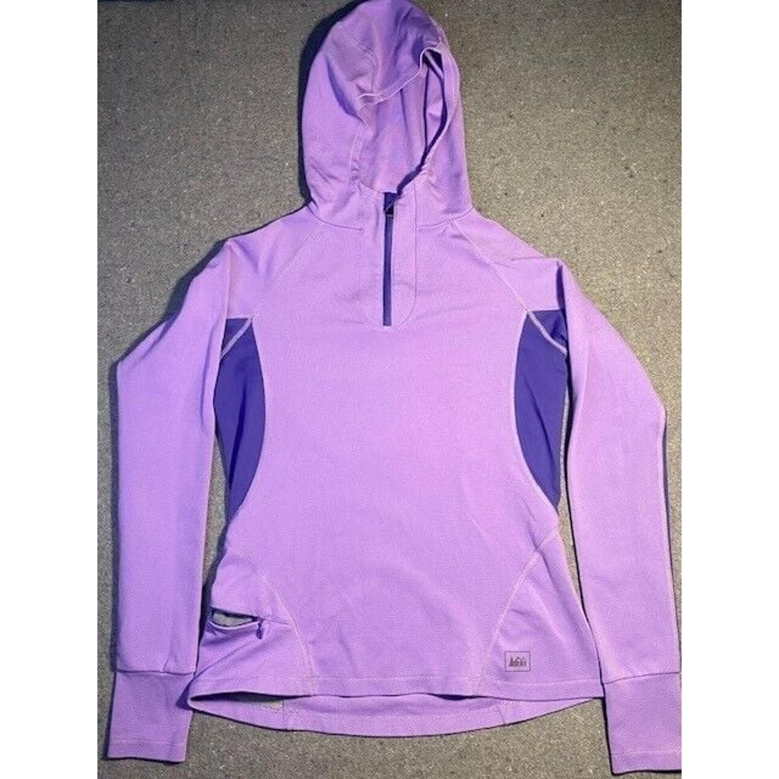 REI WOMENS Quarter Zip Hiking Hoodie XXS Purple TOP Knit Thumb holes Outdoor