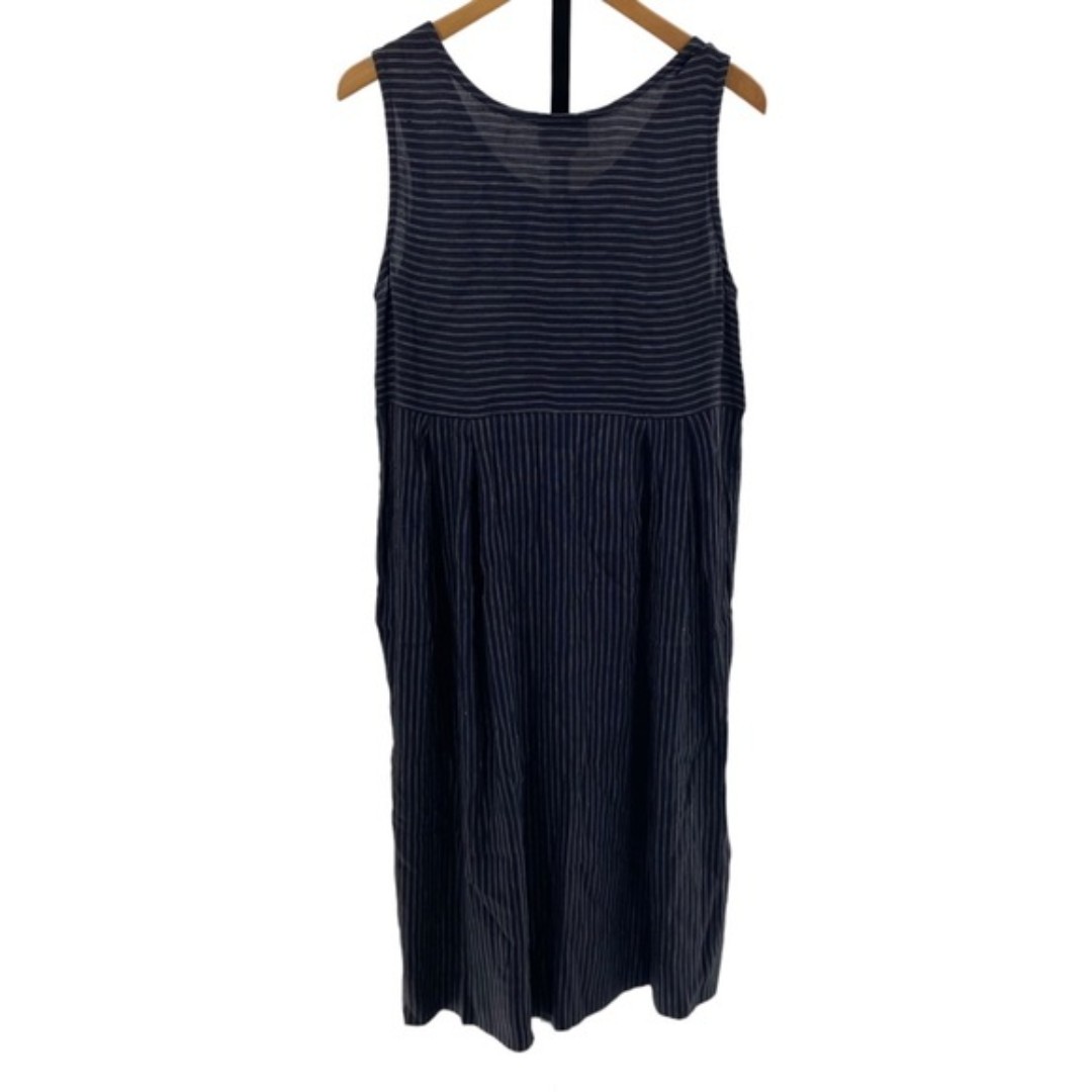 Eileen Fisher Womens S Button Front Stripe Midi Dress Linen Blend Navy Blue