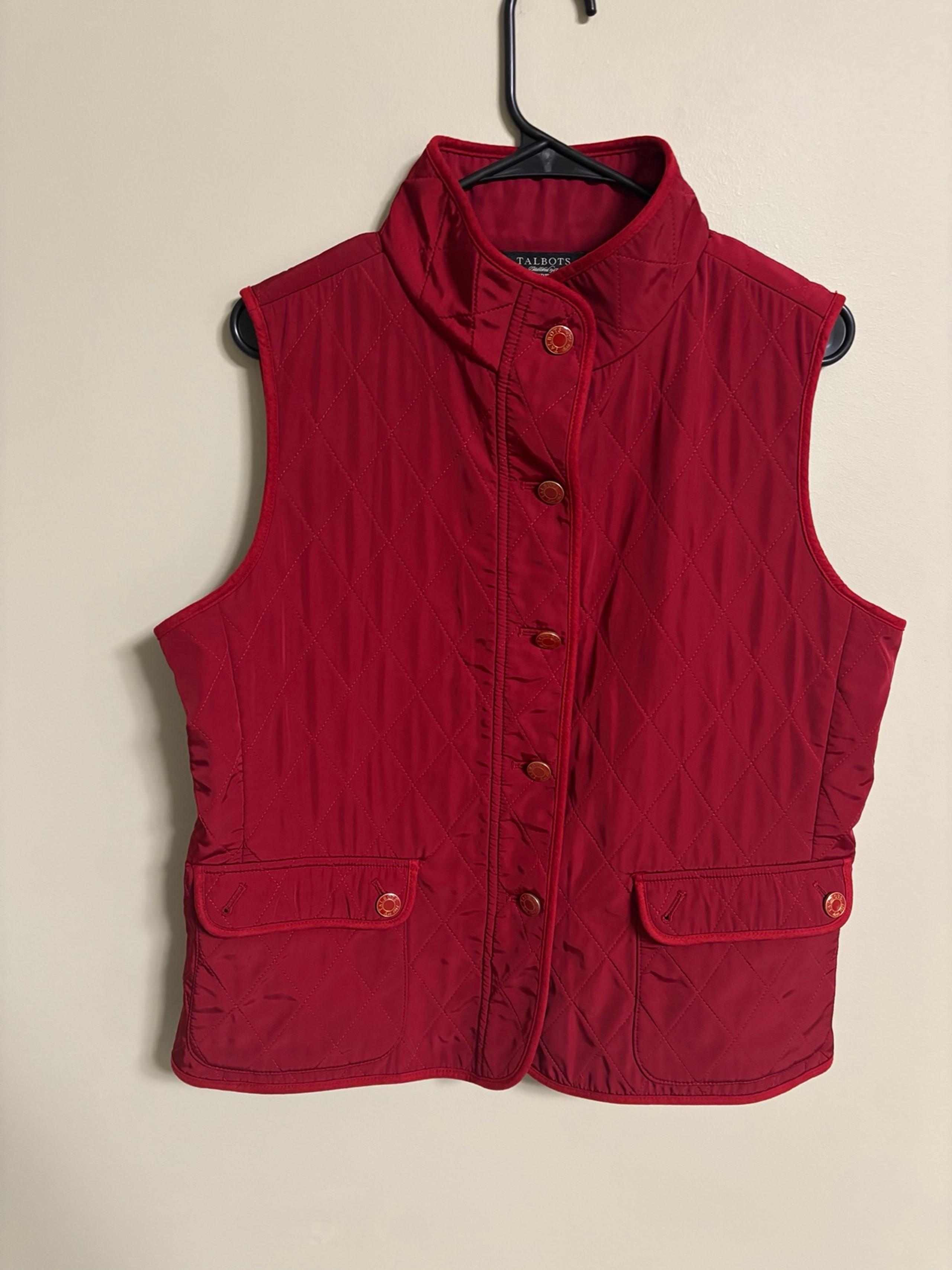 Talbots Size Large Petite Quilted Vest Red Button Collar Side Pockets