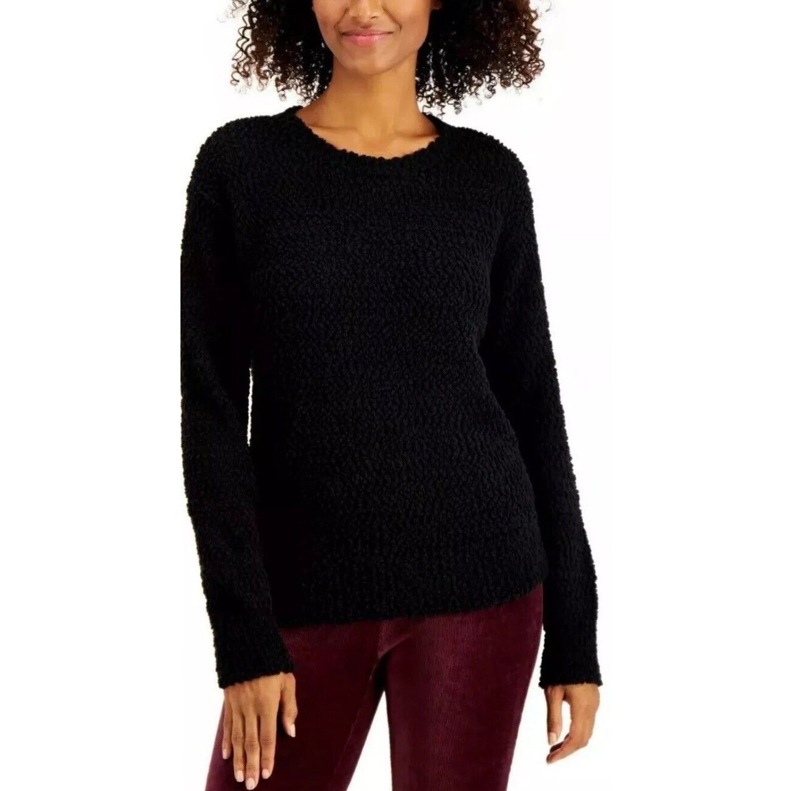 Style & Co Womens Black Teddy Boucle Cozy Chenille Sweater Petite S, NWT