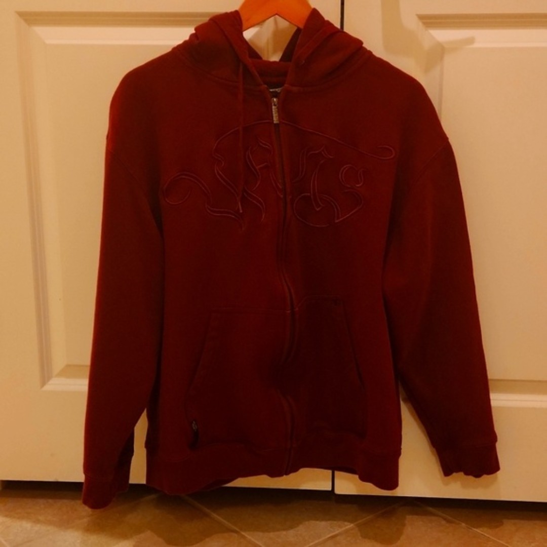 Vans Dark Red Zip-Up Hoodie w/ Flame Lettering & Details Size L