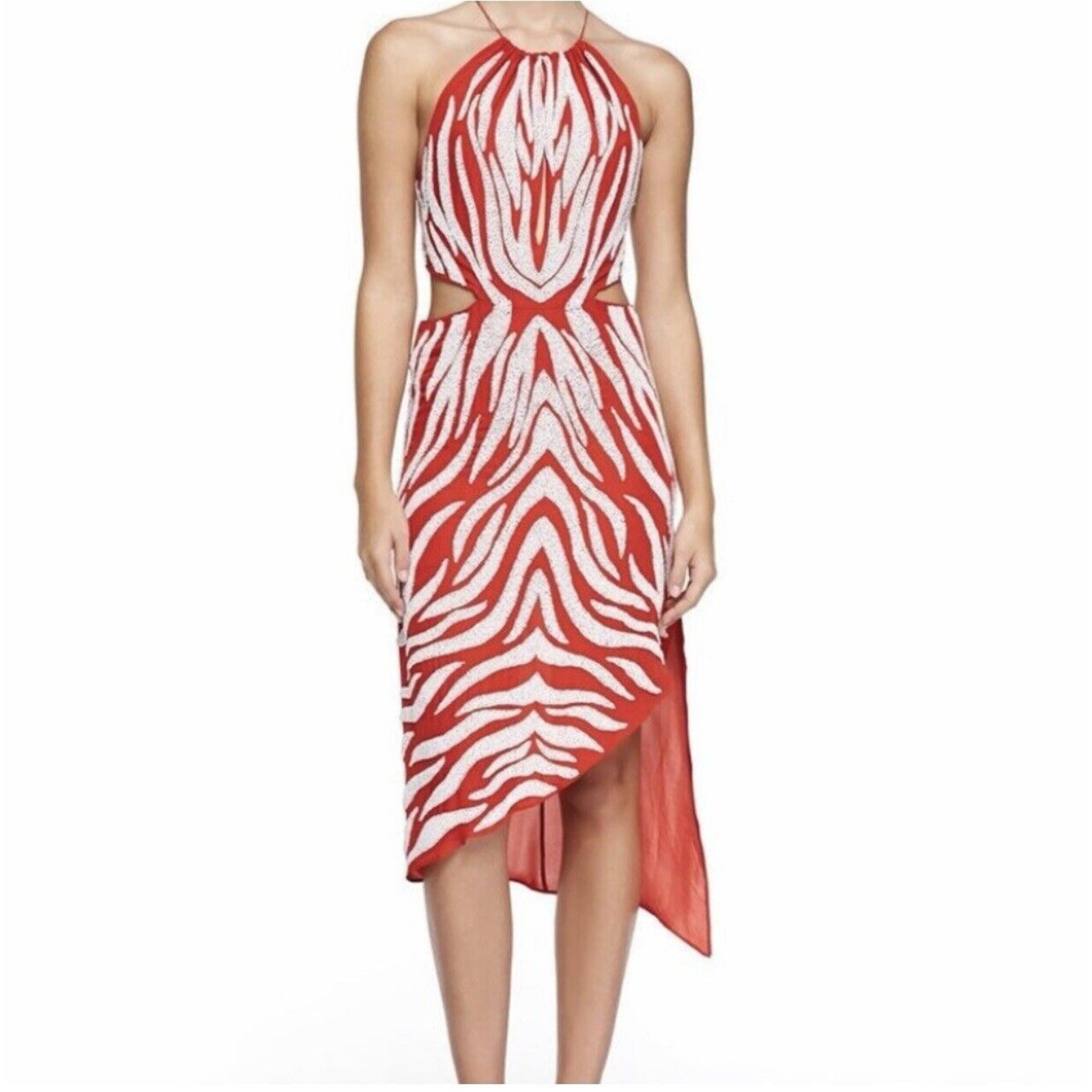 Haute Hippie Blood Orange Cut Out Halter Midi Beaded Zebra Dress 695 XS NWT