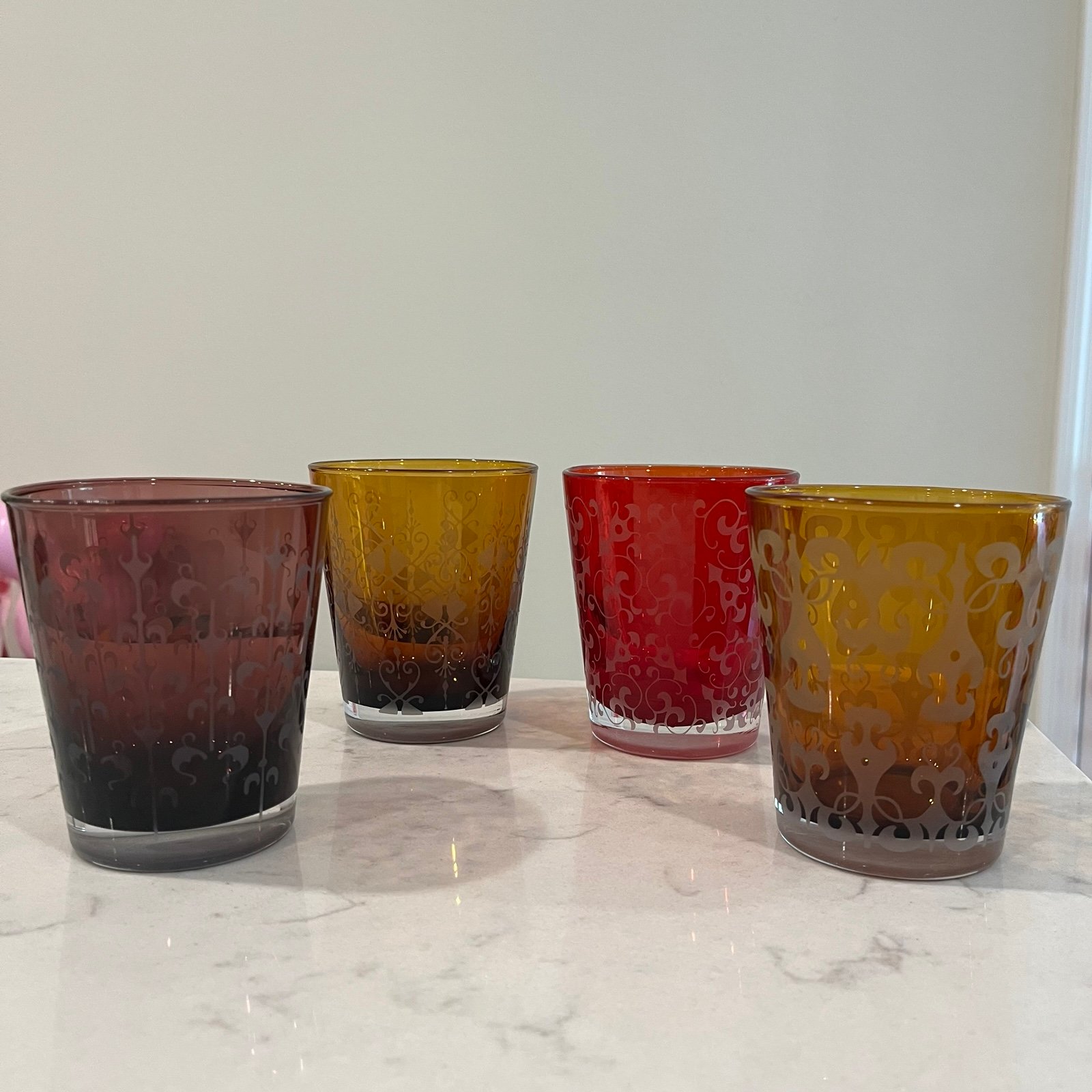 Michael Weems Lowball Glass Blown Etched Tumblers Lot Of 4