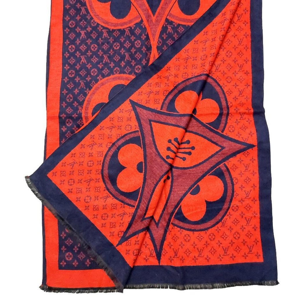 LOUIS VUITTON LV Vintage Blue & Red Abstract Floral Print Shawl Wrap Scarf