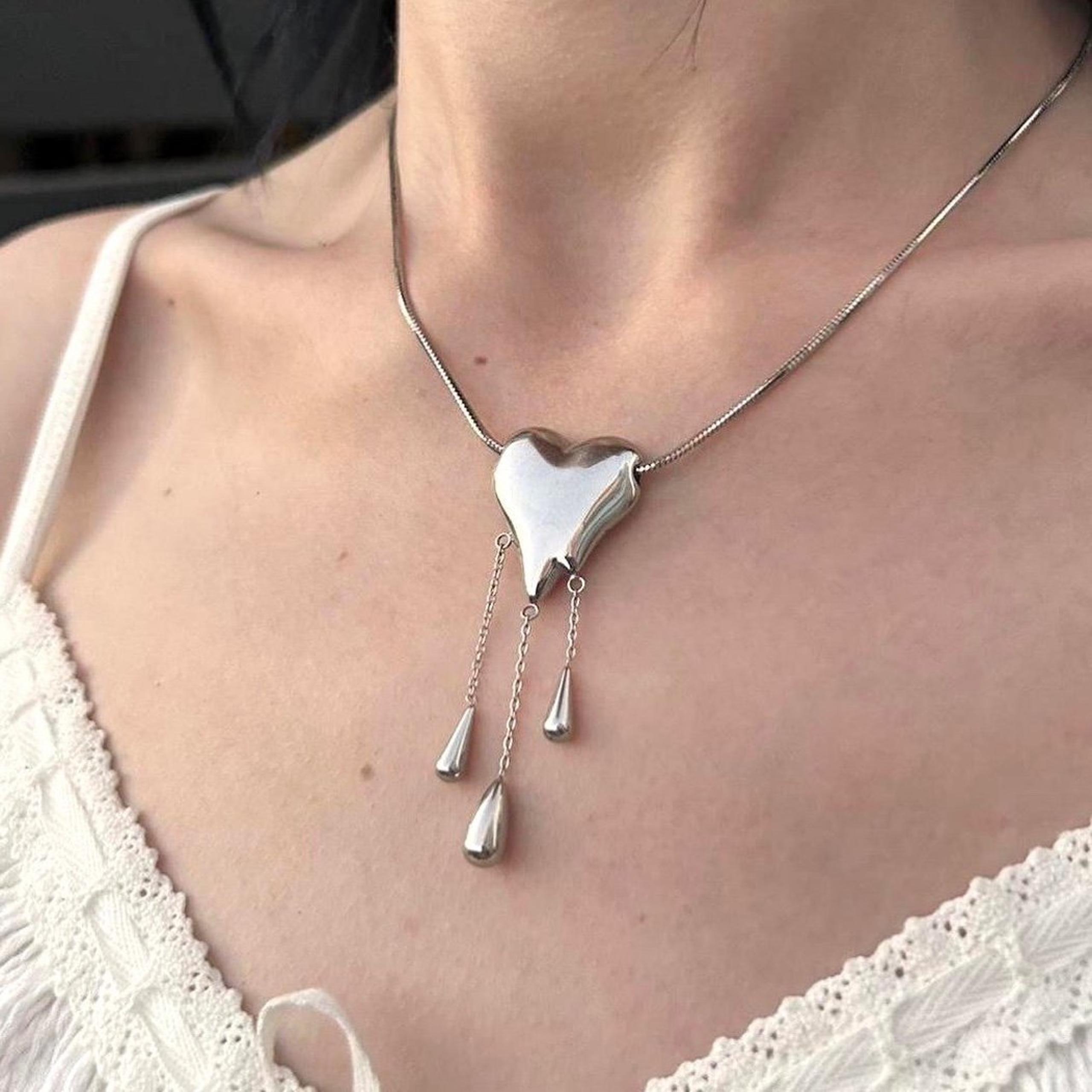 stainless steel puffy heart pendant necklace with teardrops • grunge Y2K boho