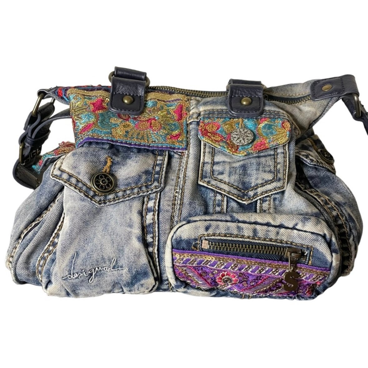 Desigual Women’s Sequined Denim Medium Vintage Retro Boho Jean Shoulder Bag
