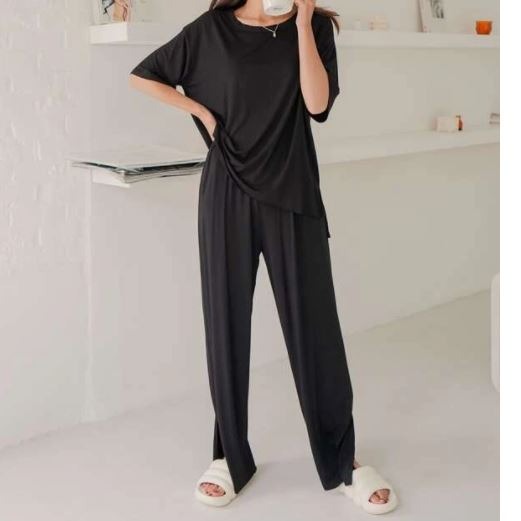 DAZY Solid Tee With Pants Black Half Sleeve Round Neck Pajama Set L2