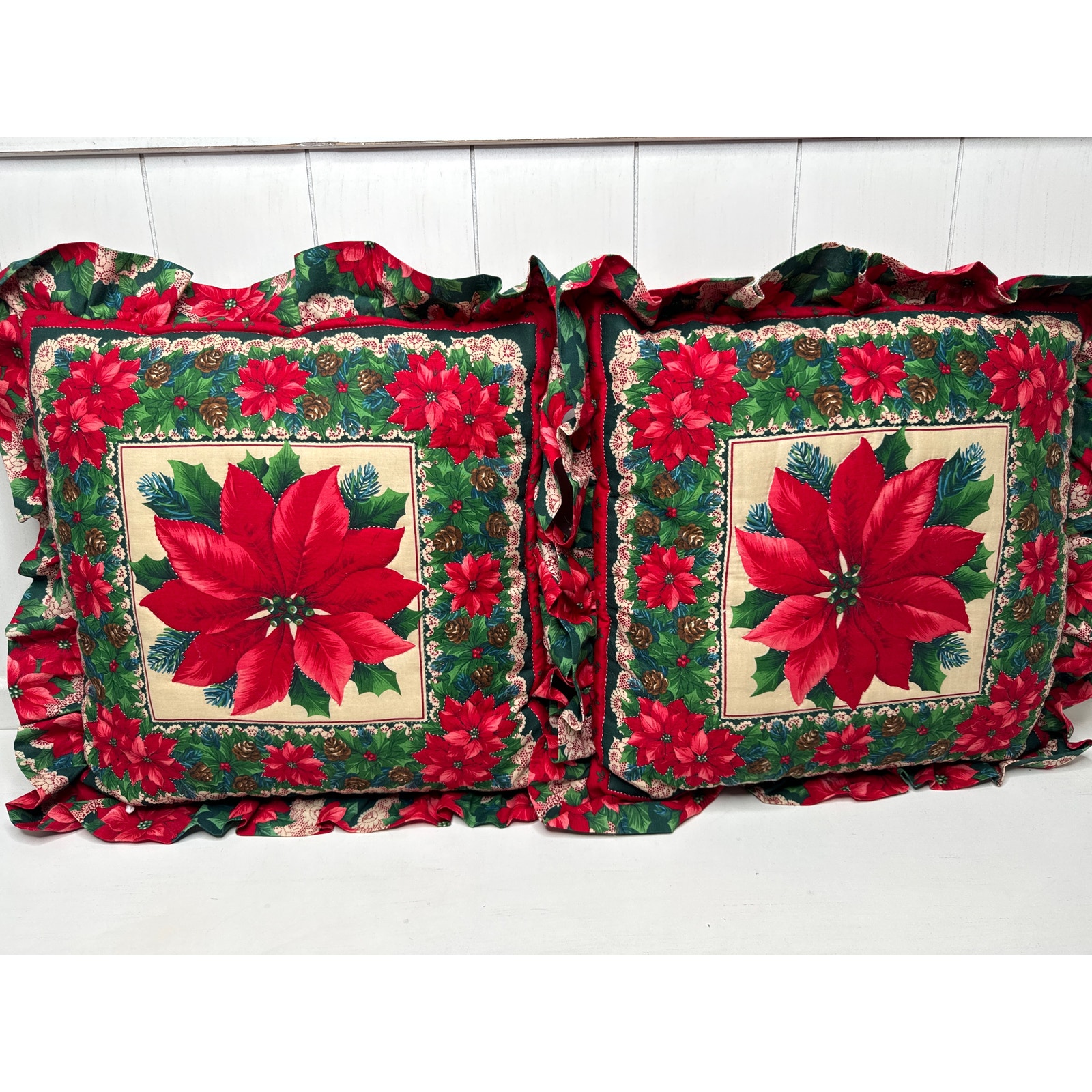 Set of Two Handmade Vintage Holiday Poinsettia Pillows NEW 16 x 16