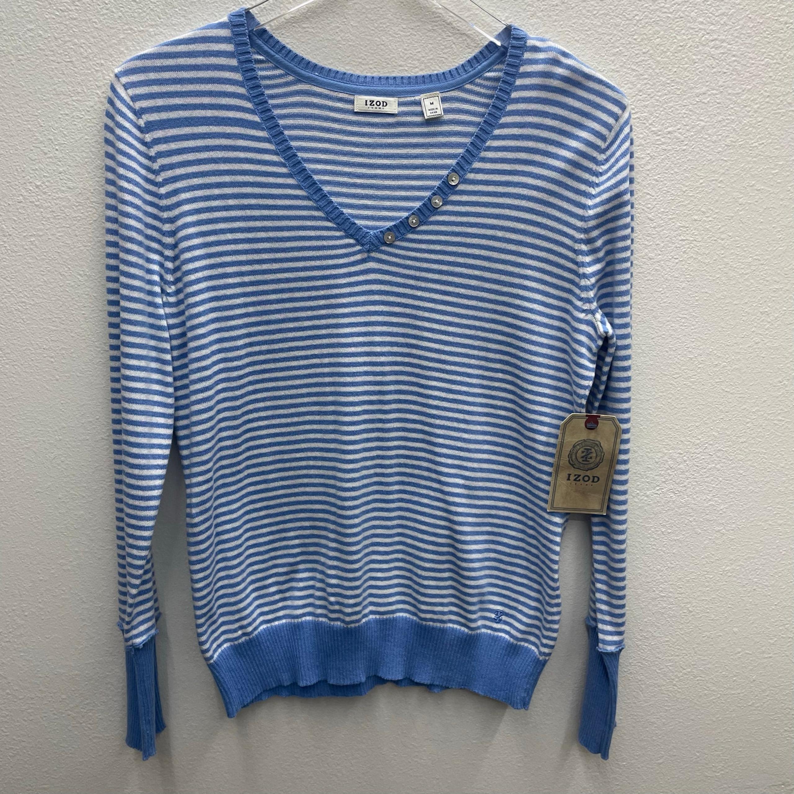 Izod Blue and White All Cotton V-Neckline Knit Top Women’s Size Medium