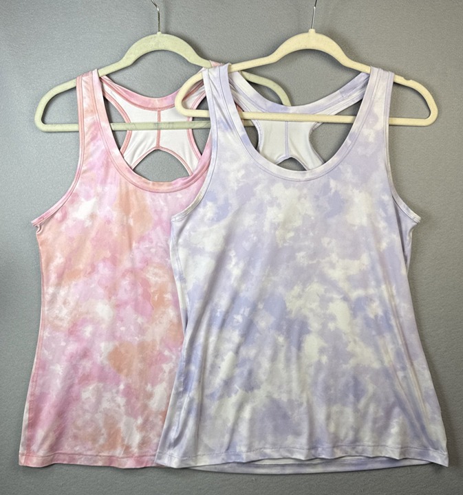 2 x Athleta Nitro Tank Tops Womens Size L Light Purple & Peach Tie-Dye Keyhole