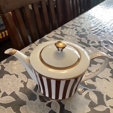 Henri Bendel Striped Teapot Brown White & Gold Bone Italy Stripe