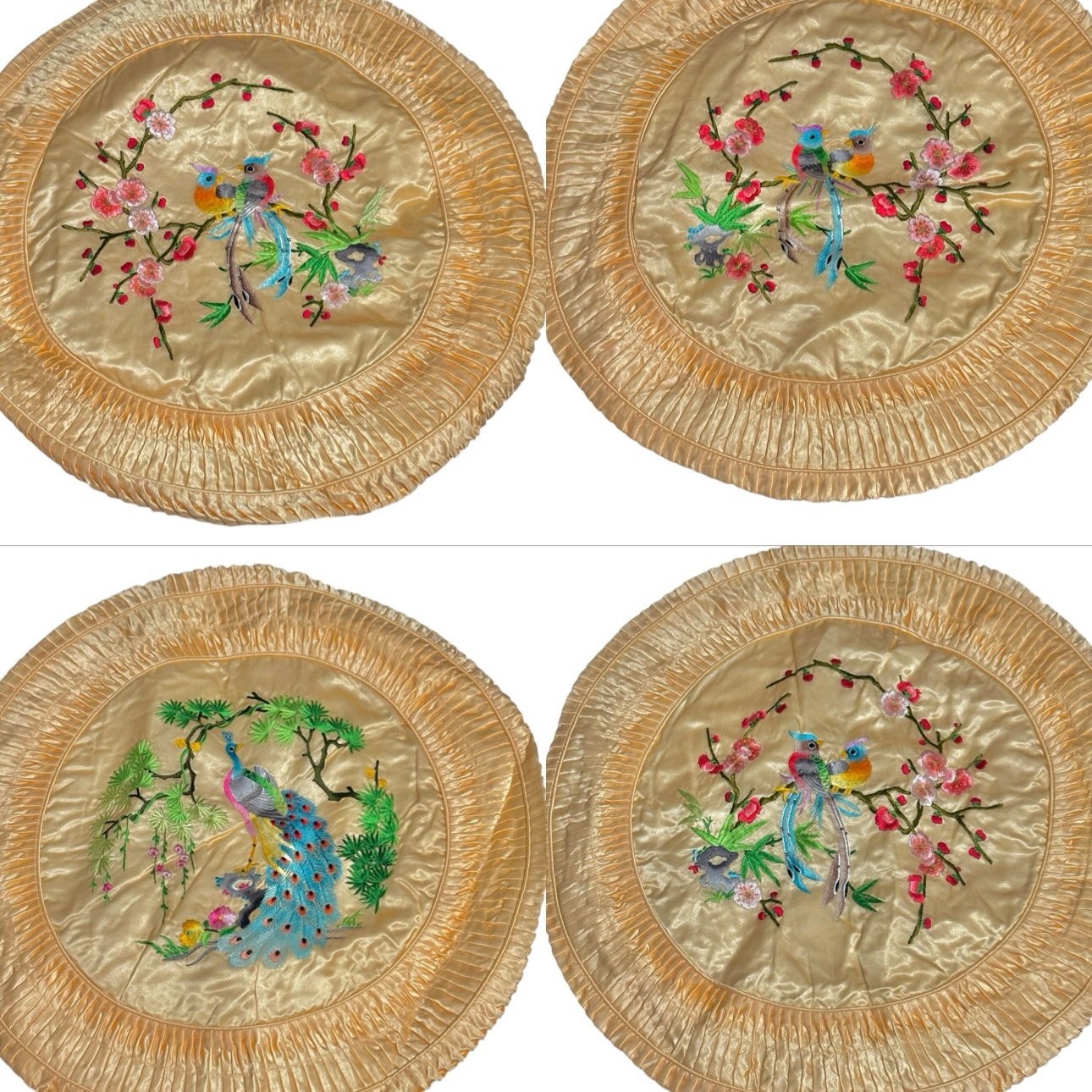 Set Of 4 Vintage Silk Chinese Embroidered Flowers & Birds Round Pillowcases