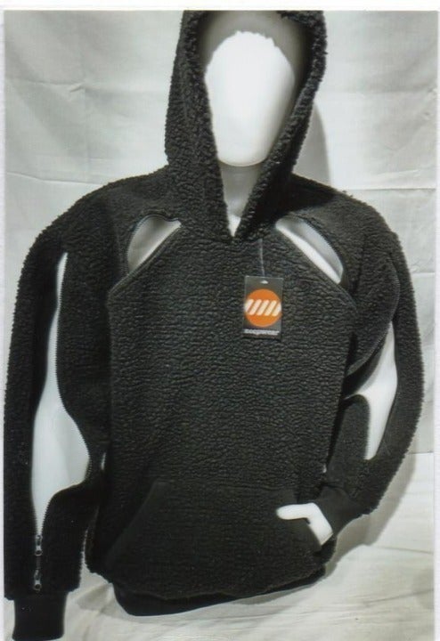 BLACK 4 STRATEGICALLY PLACED ZIPPERS 2 IN COLLAR & 2 WAY ZIPPER IN BOTH SLEEVES