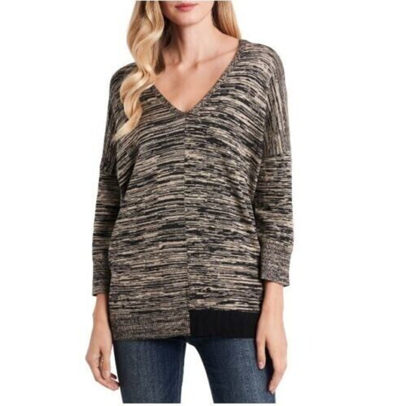 Vince Camuto Space Dye Asymmetrical Hem Cotton Blend Sweater In Rich Black Small