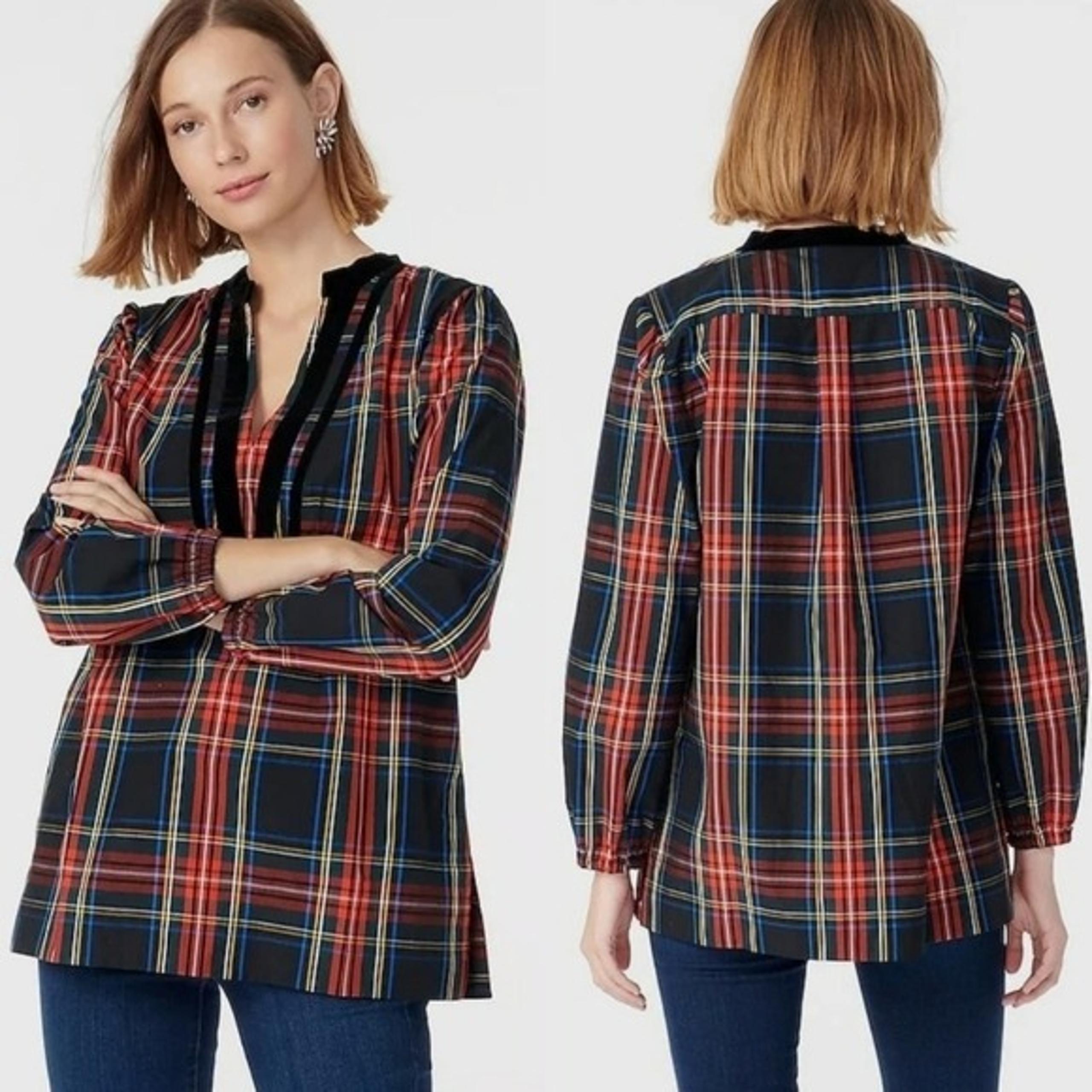 J. Crew | Stewart Tartan Plaid Velvet Trim Tunic Top - J.Crew