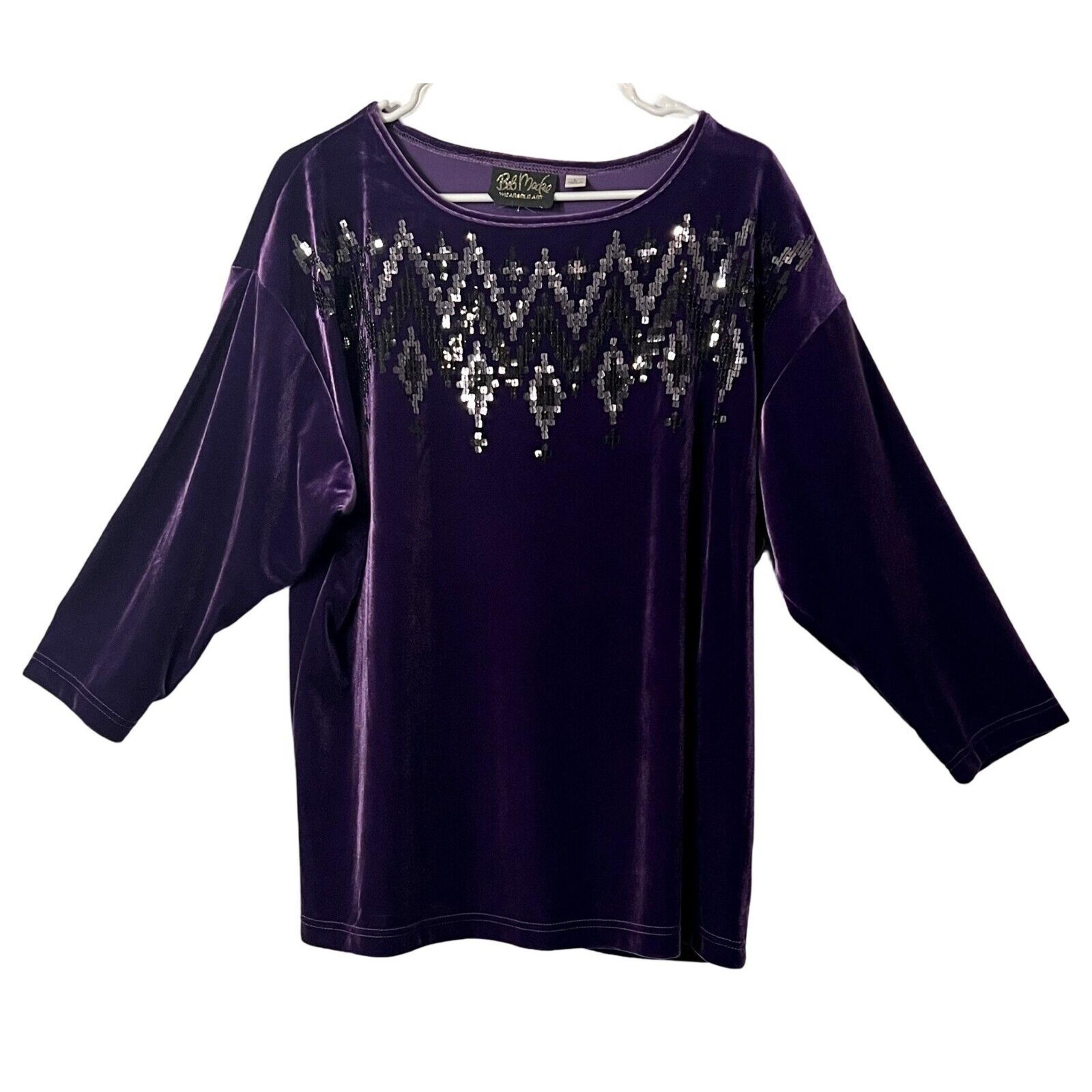Bob Mackie Top Womens Size L Purple Velvet Pullover Silver Sequins Wearable Art