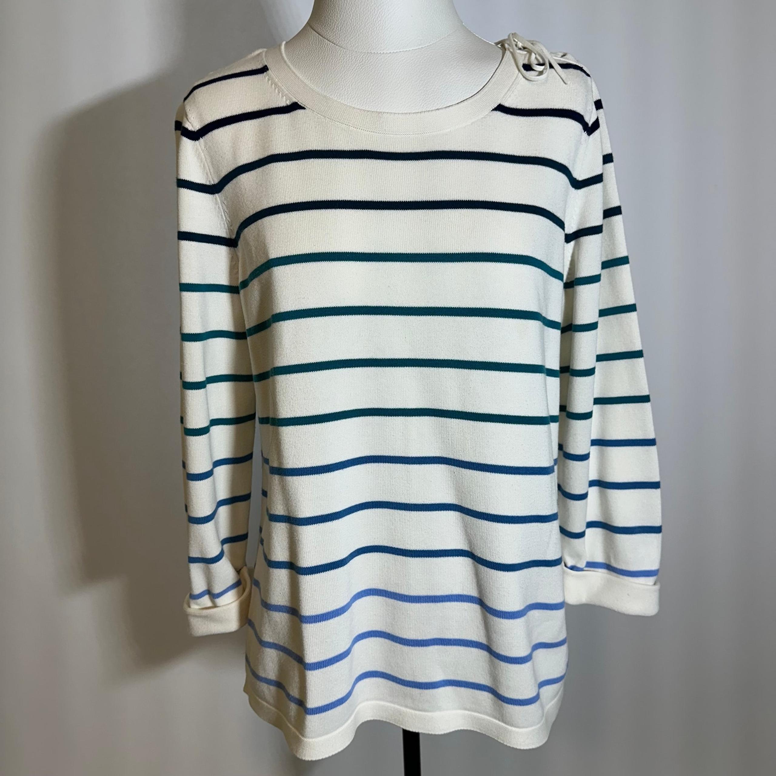 Talbots White Blue Striped Knit 3/4 Sleeve Pullover Sweater Womens Size Large L