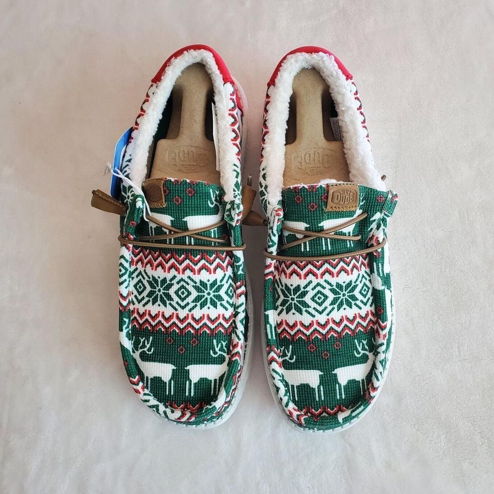 Hey Dude Wally Ugly Sweater Lined Shoes Men's Size 9 Green Christmas Reindeer