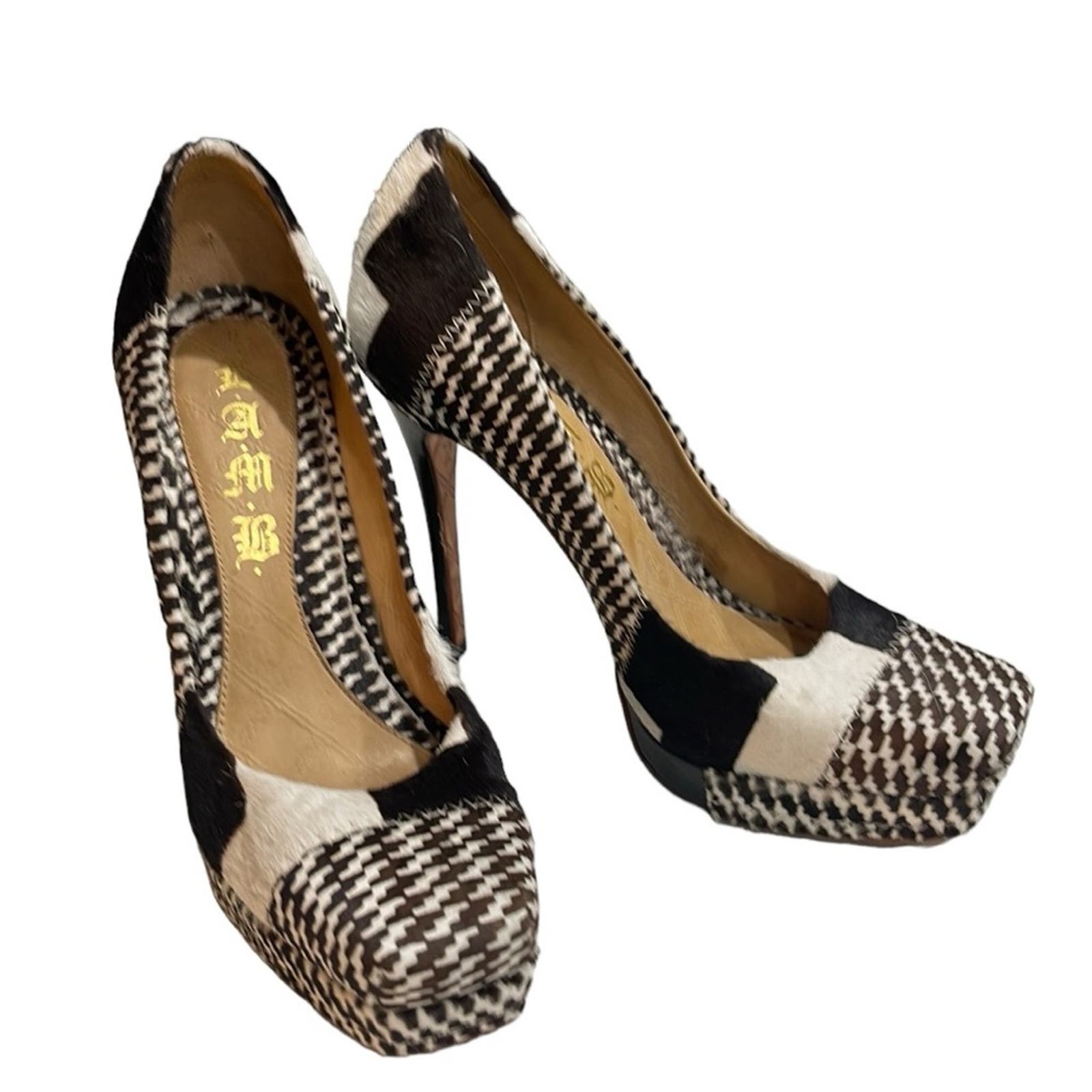 L.A.M.B. Calf Hair Houndstooth Platform Stiletto Pumps Brown Cream SZ 6.5