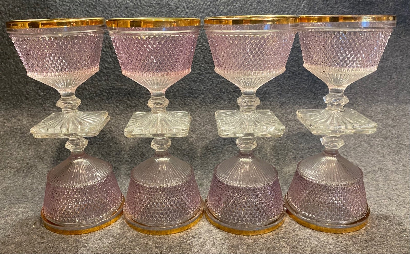 (8) Antique Pink Glass Diamond Point With 22k Gold Rim Footed Cordials
