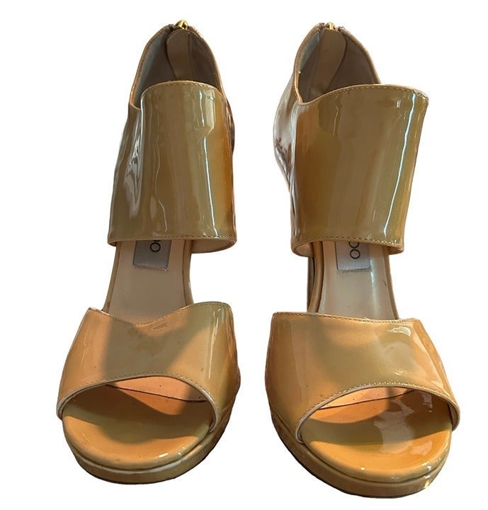 Jimmy Choo Lagoon Nude/Tan Patent Leather Heels, Made in Italy EU 37.5 US 7.5