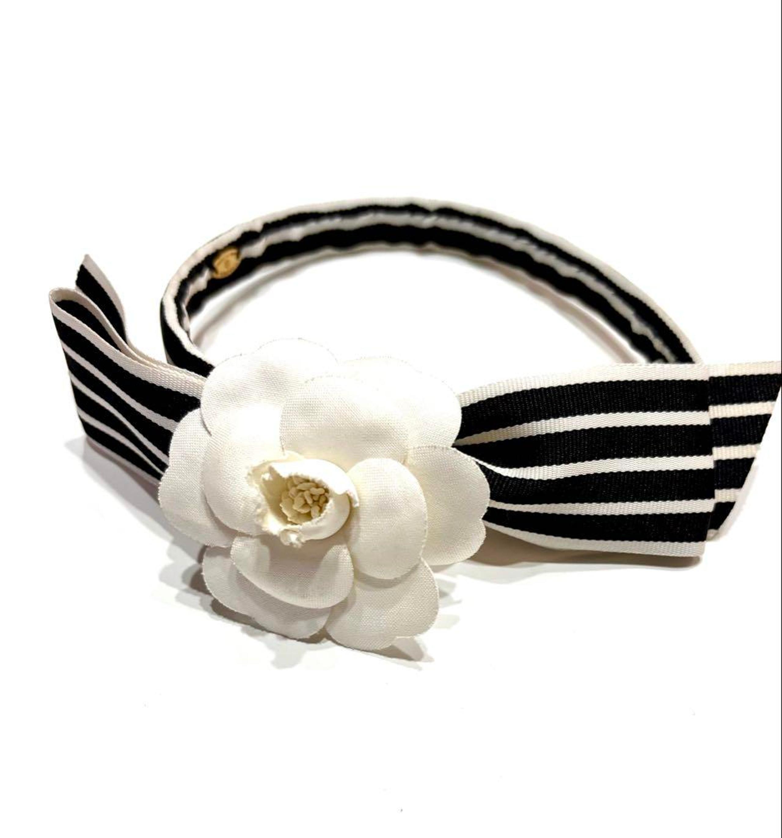 Chanel☆Hairband Camelia Ribbon Stripe Vintage