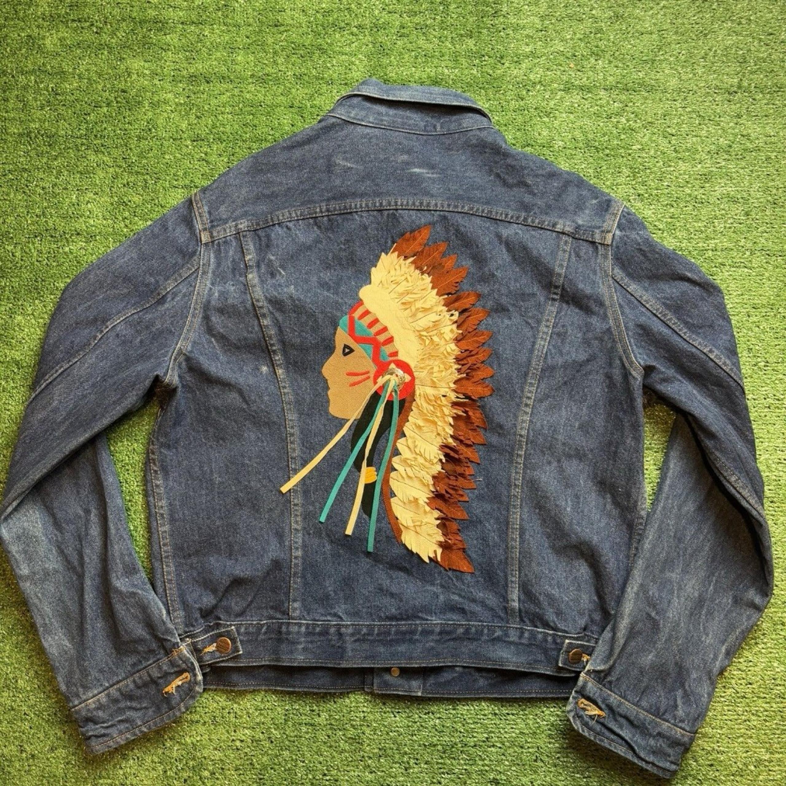 VTG Branders Dickies Denim Native American Chief Jean Jacket Men M embroidered