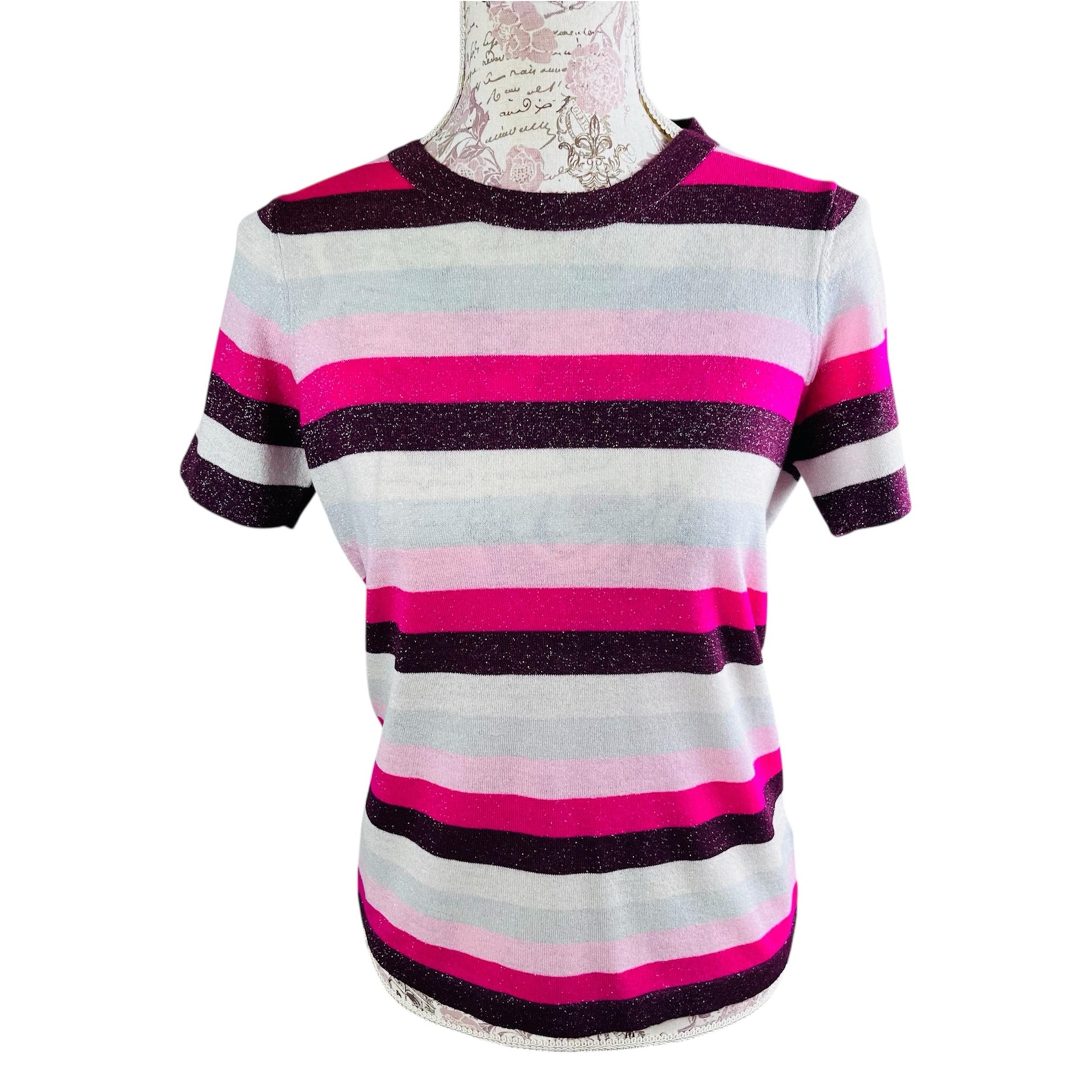 Saks Fifth Avenue Made in Italy M Pink Stripes & Sparkle Blouse Rare Find