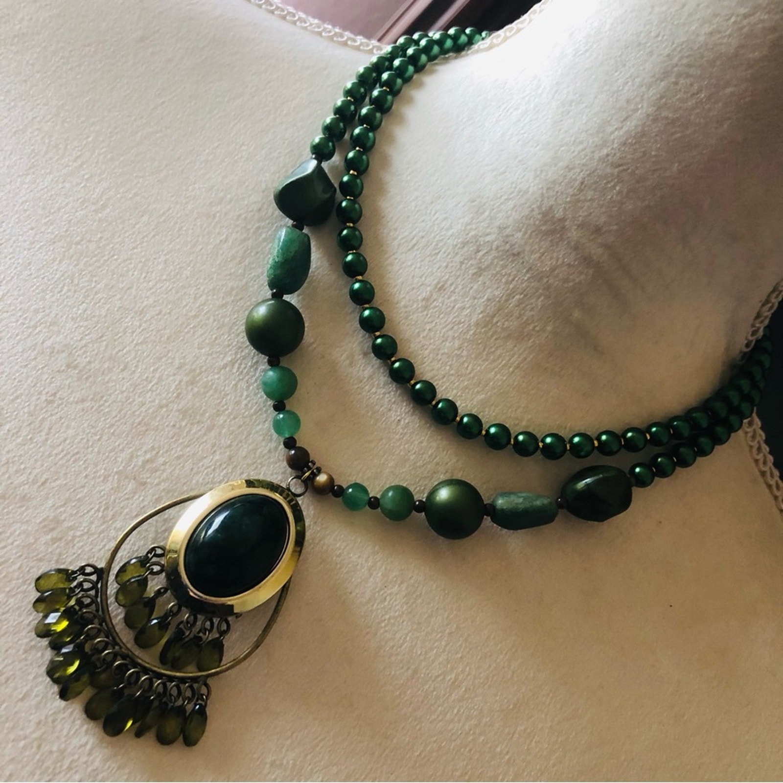 Handcrafted repurpose double strand aventurine stone Czech glass Pearl necklace