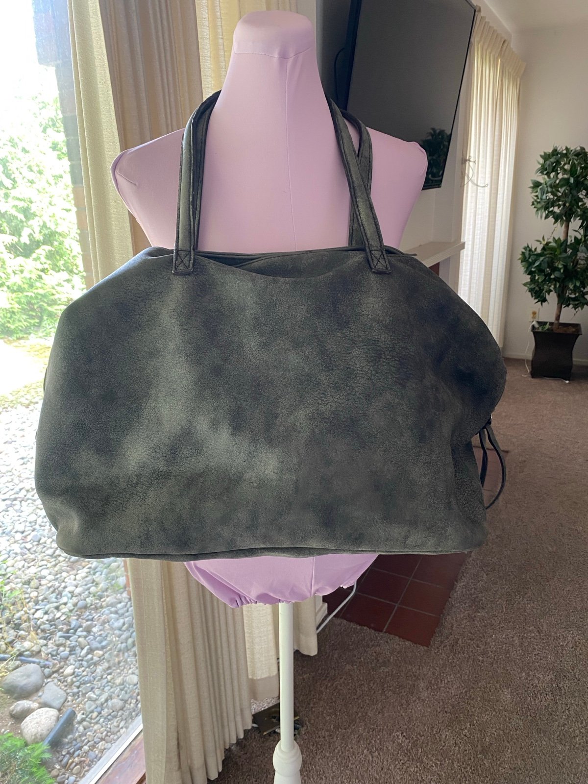 Free People Large Gray Triple Compartment Faux Suede Slouchy Bag