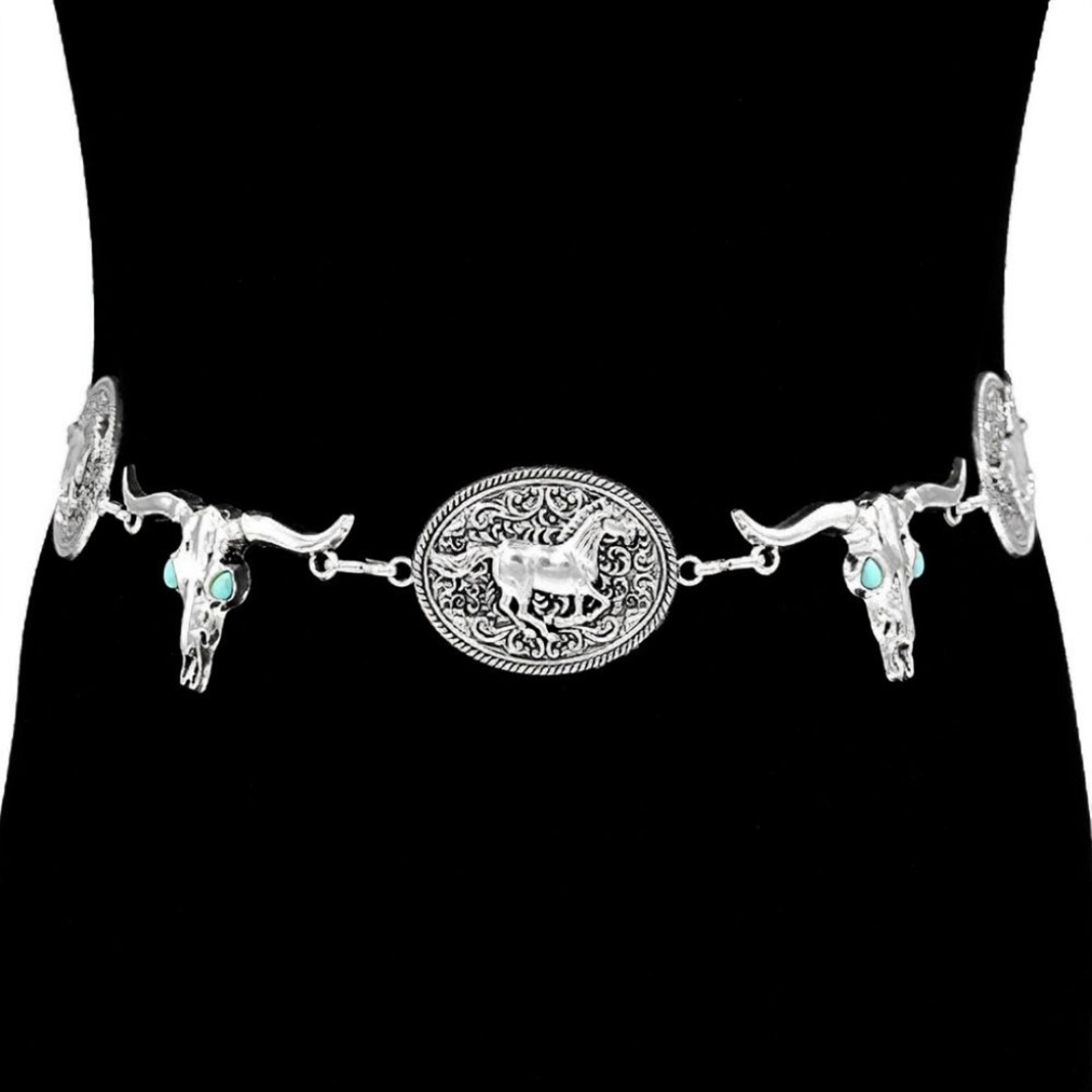 Western Horse Steer Head Turquoise Silver Metal Chain Belt Statement Accessory