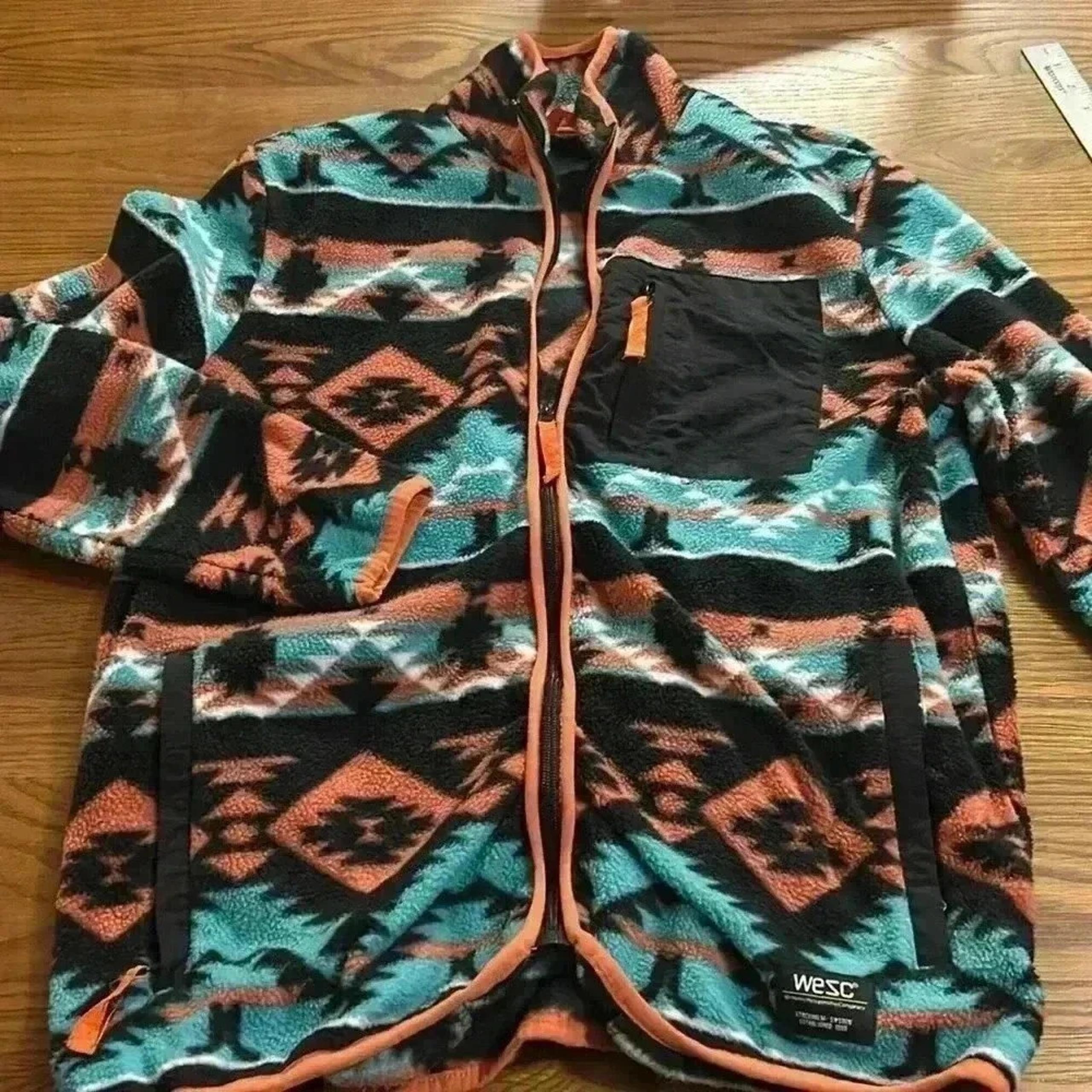 WESC Jacket Men's M Women's L Blue Black Fleece Aztec Southwestern Full Zip