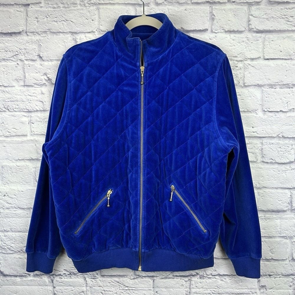Vintage 80s Quilted Velour Bomber Jacket L Royal Blue On Your Mark Retro Disco