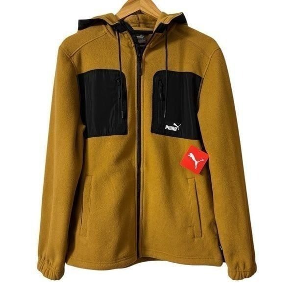 Puma Jacket Mens S Polar Fleece Hooded Full Zip bone Brown new