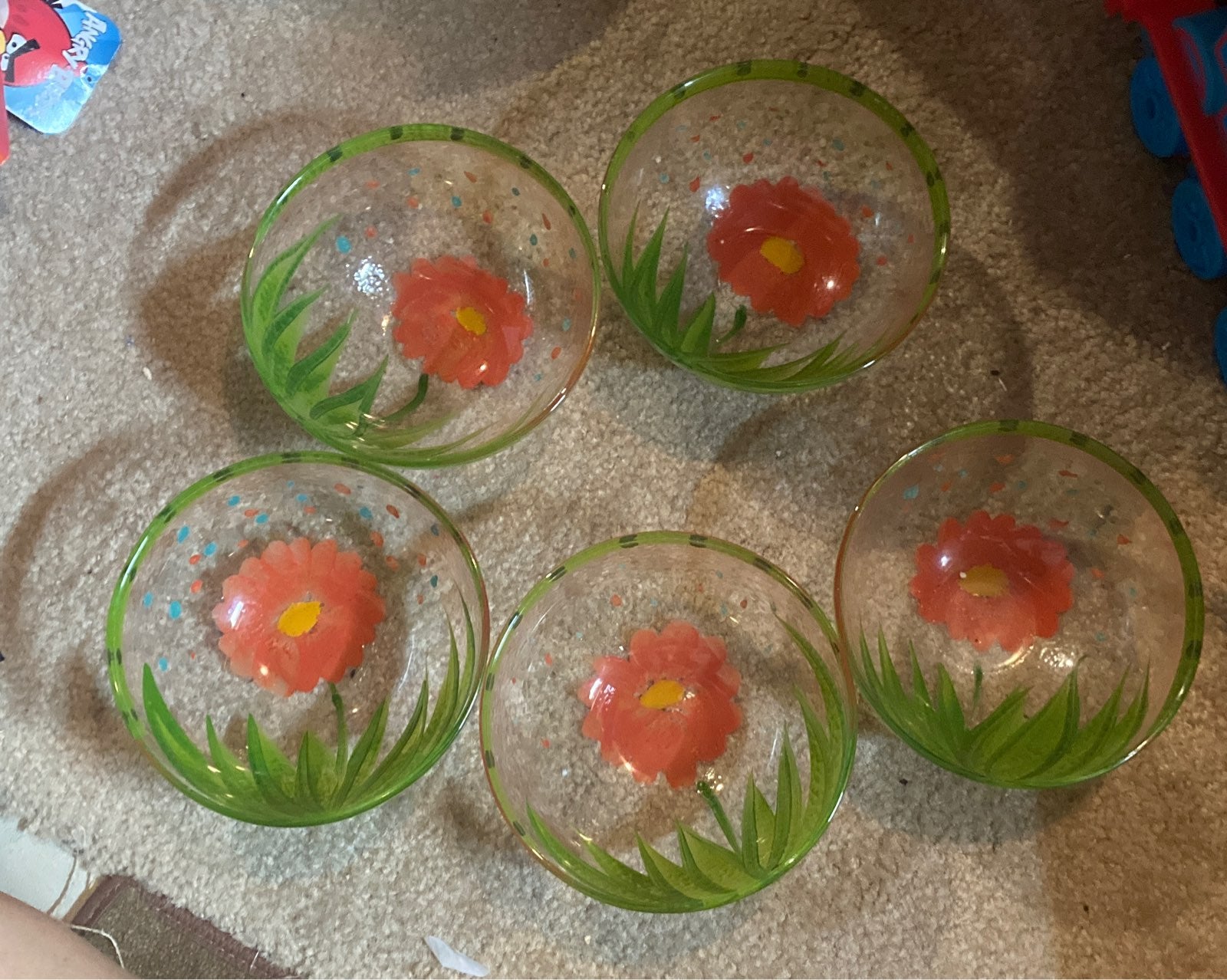 5 Hand Painted Glass Bowls Made Italy
